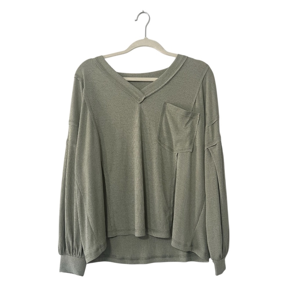 Boutique Olive Green V-Neck Long Sleeve Top